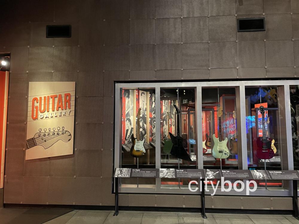 Guitars on display, Museum of Pop Culture in Seattle.